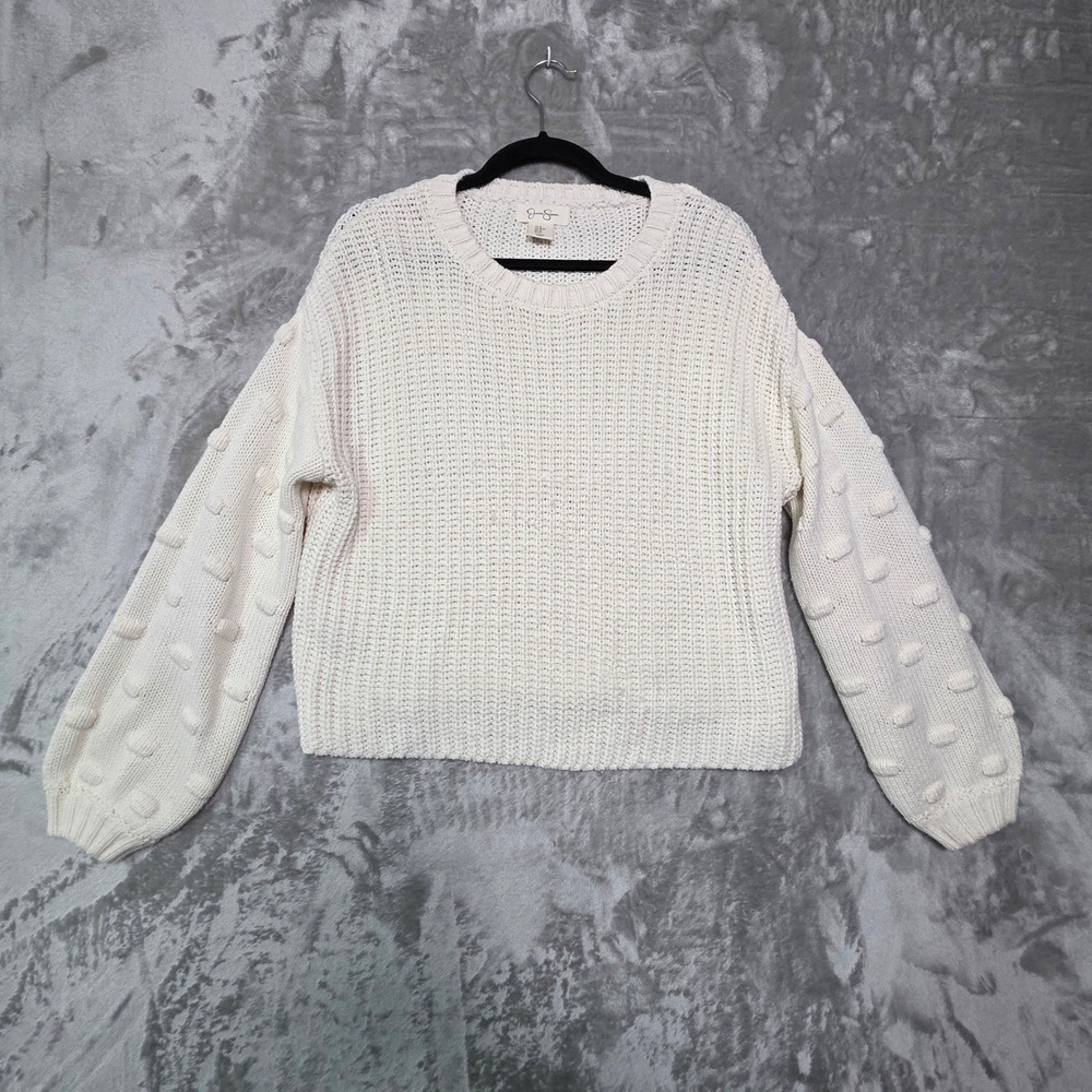 Jessica Simpson Cream Bobble Sleeve Knit Sweater Medium Ivory Pom Pom SA409